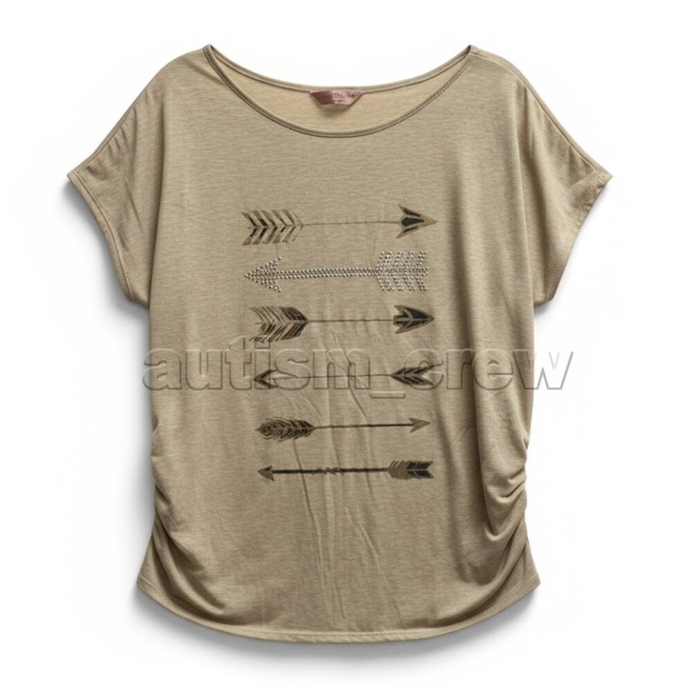 2/$24 💥♻ SJS Beige Metallic Gold & Studs Arrow Graphics Blouse | Size 3X | 1247
